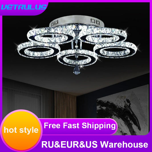 Modern K9 Led Crystal Ceiling Lamp Smart Chandelier Pendant Light Ring Chrome Plafonier Fixture Dining Living Room Decor Luxury