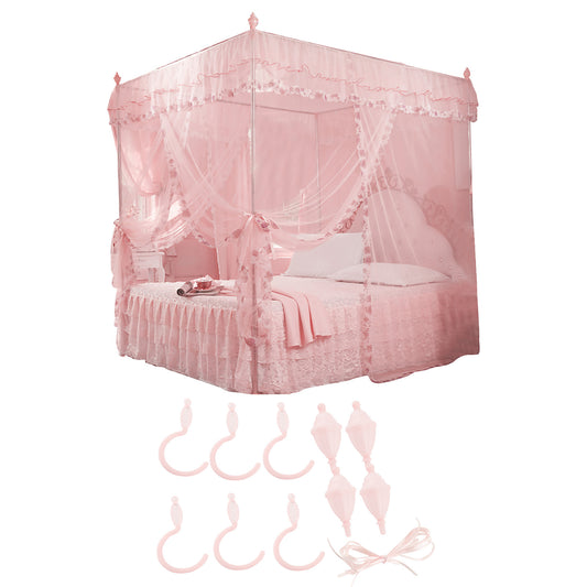 Luxury Princess 3 Side Openings Post Bed Curtain Canopy Netting Mosquito Net Bedding (Pink M)