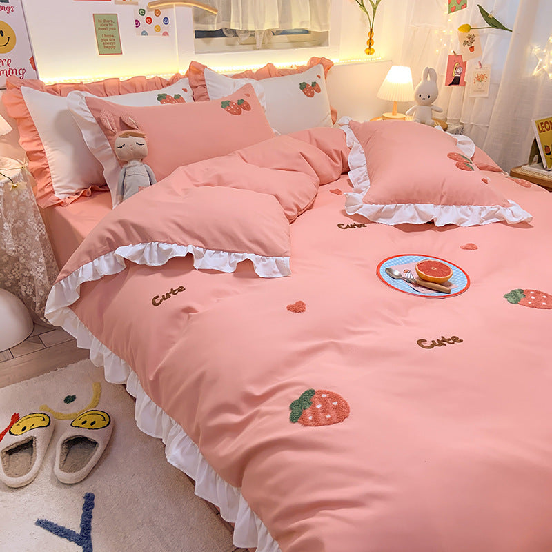 Juego de cama de cuatro piezas estilo princesa con corazones para niña