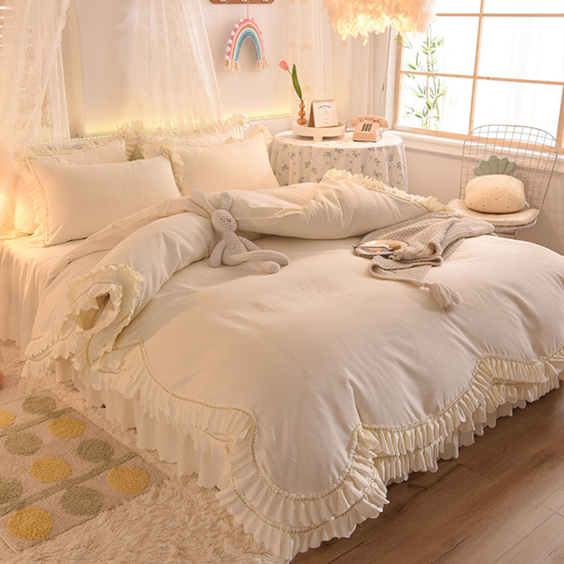 Light Luxury Nude Sleeping Princess Style Four-piece Lotus Leaf Lace Double Bed Sheet Duvet Cover With Bed Skirt Girl Solid Color Bed