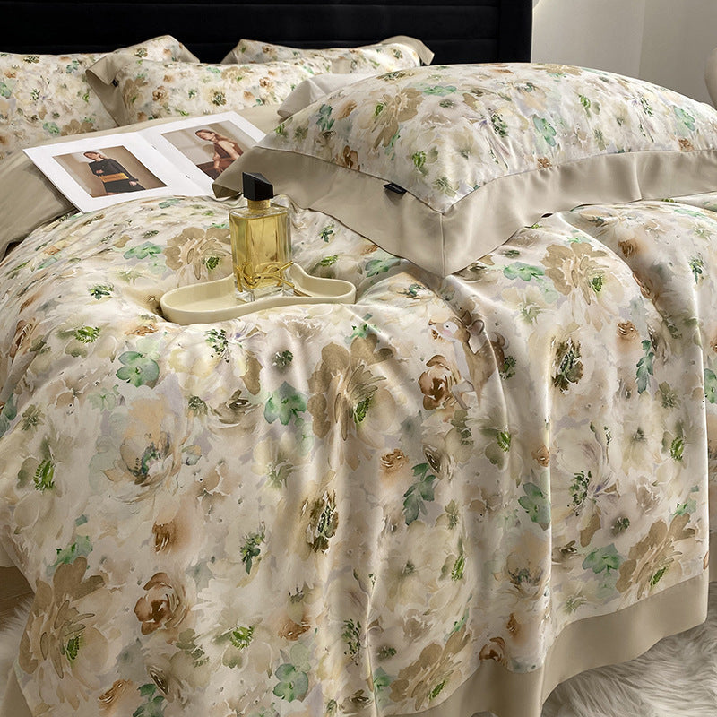 Housse de couette quatre pièces en fibre de lyocell à motif de fleurs et de plantes