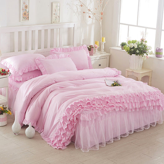 Falda de cama de encaje estilo princesa, estilo colcha, cuatro piezas, color sólido, encaje