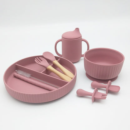 Striped Suction Dining Plate Bowl Spoon Fork Water Cup Set