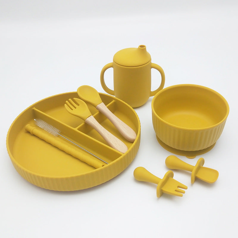 Striped Suction Dining Plate Bowl Spoon Fork Water Cup Set