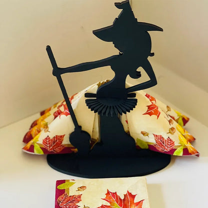 Servilletero de madera con forma de bruja para Halloween, decoración para cocina y restaurante