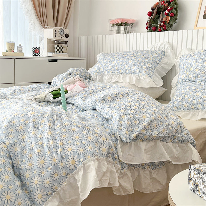 French Blue Rose Ruffle Cotton 4-Piece Lace Twill Bedding