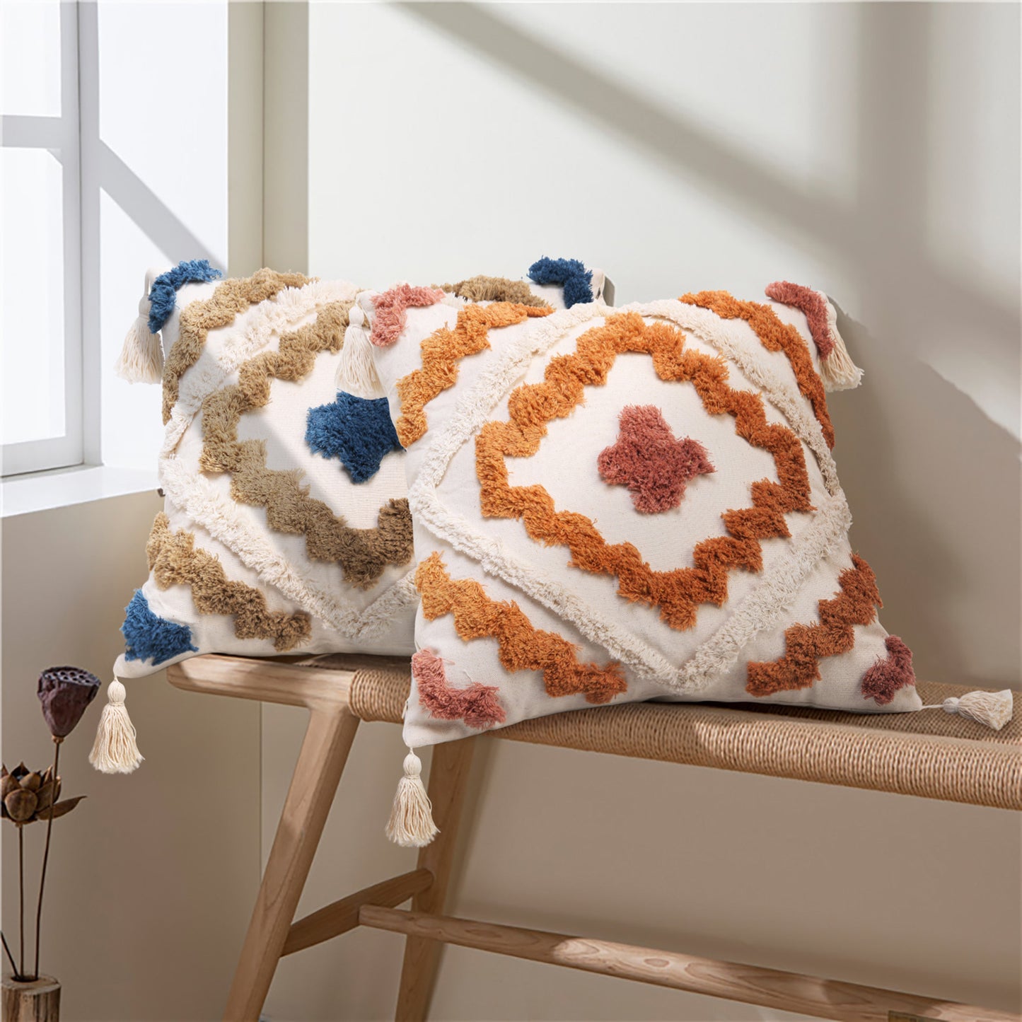 Geometric Pattern Colorful Tufted Tassel Decoration Pillow Cover