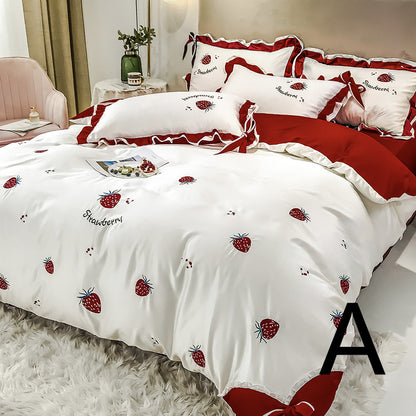 Strawberry Embroidery Cotton Four-Piece Cotton Bedding Silk Duvet Cover