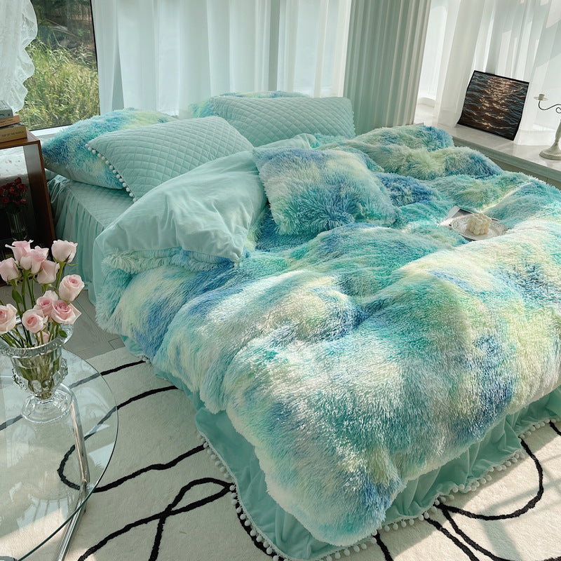 Housse de couette en laine longue quatre pièces en fourrure de vison d'hiver en fibre de lait, velours corail, double face, peluche, doublée de polaire, jupe de lit matelassée, style princesse