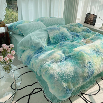 Milk Fiber Winter Mink Fur Bed Four-piece Long Wool Quilt Cover Coral Velvet Double-sided Plush Fleece-lined Quilted Bed Skirt Princess Style