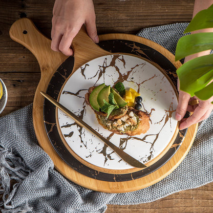 Black Ceramic Round Wooden Tray With Handle