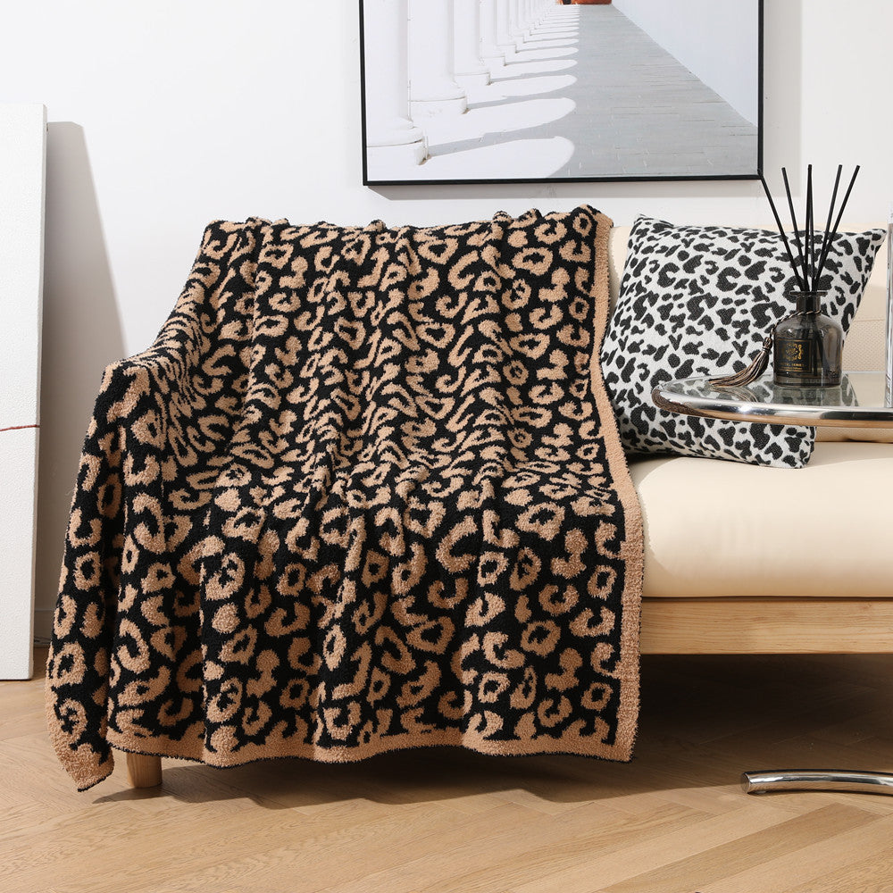 Knitted Sofa Blanket Leopard Print Fleece-lined Cover Office Nap Blanket