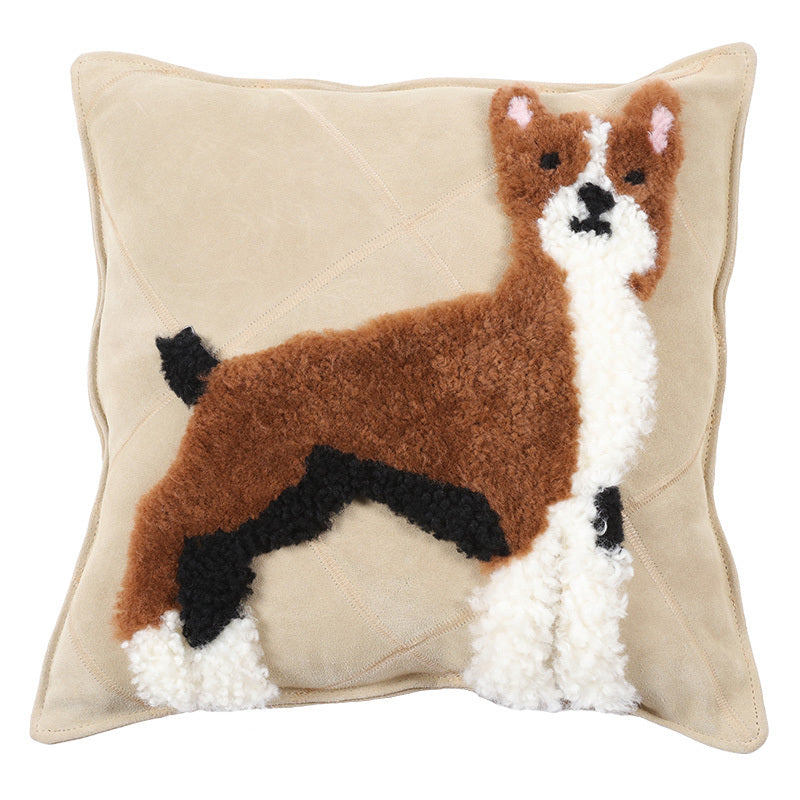 Coussin en laine et peau de vache avec dessin animé de chien