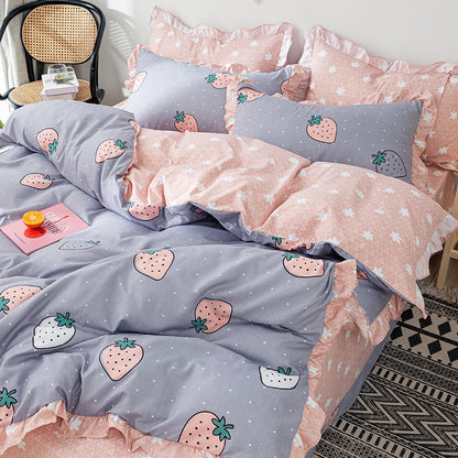 Sábana de cama de cuatro piezas estilo princesa, funda de edredón, funda de cama de corazón para niña, traje de verano de tres piezas