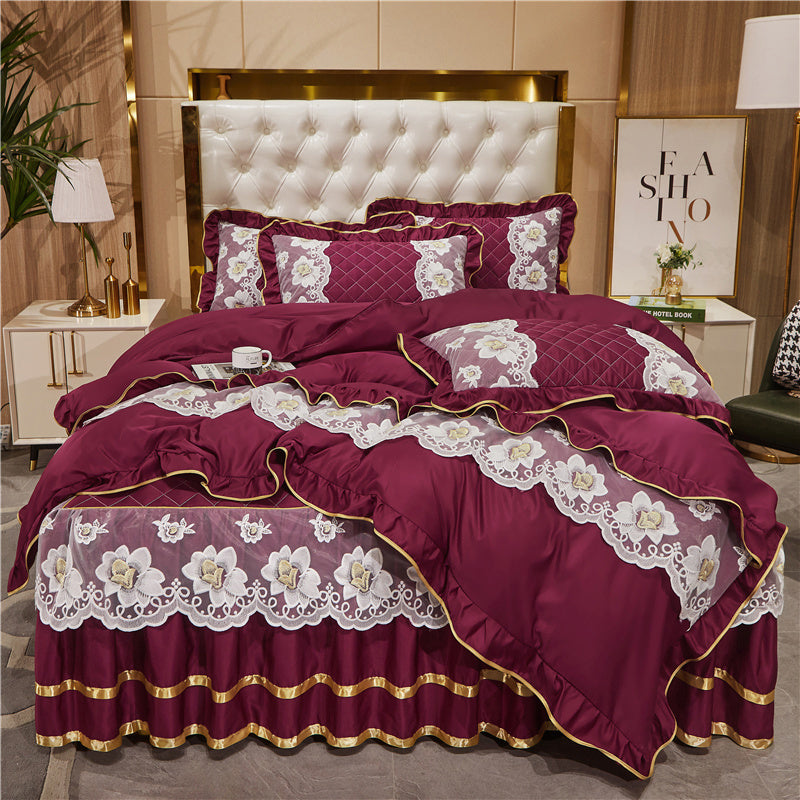 Princess Style Lace Bed Skirt Tencel Four-piece Suit