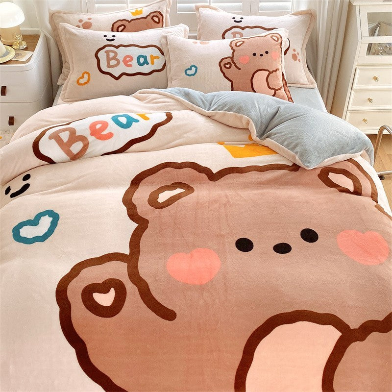 Thickened Cartoon Coral Velvet Bed With Four-piece Winter Milk Flannel Sheets