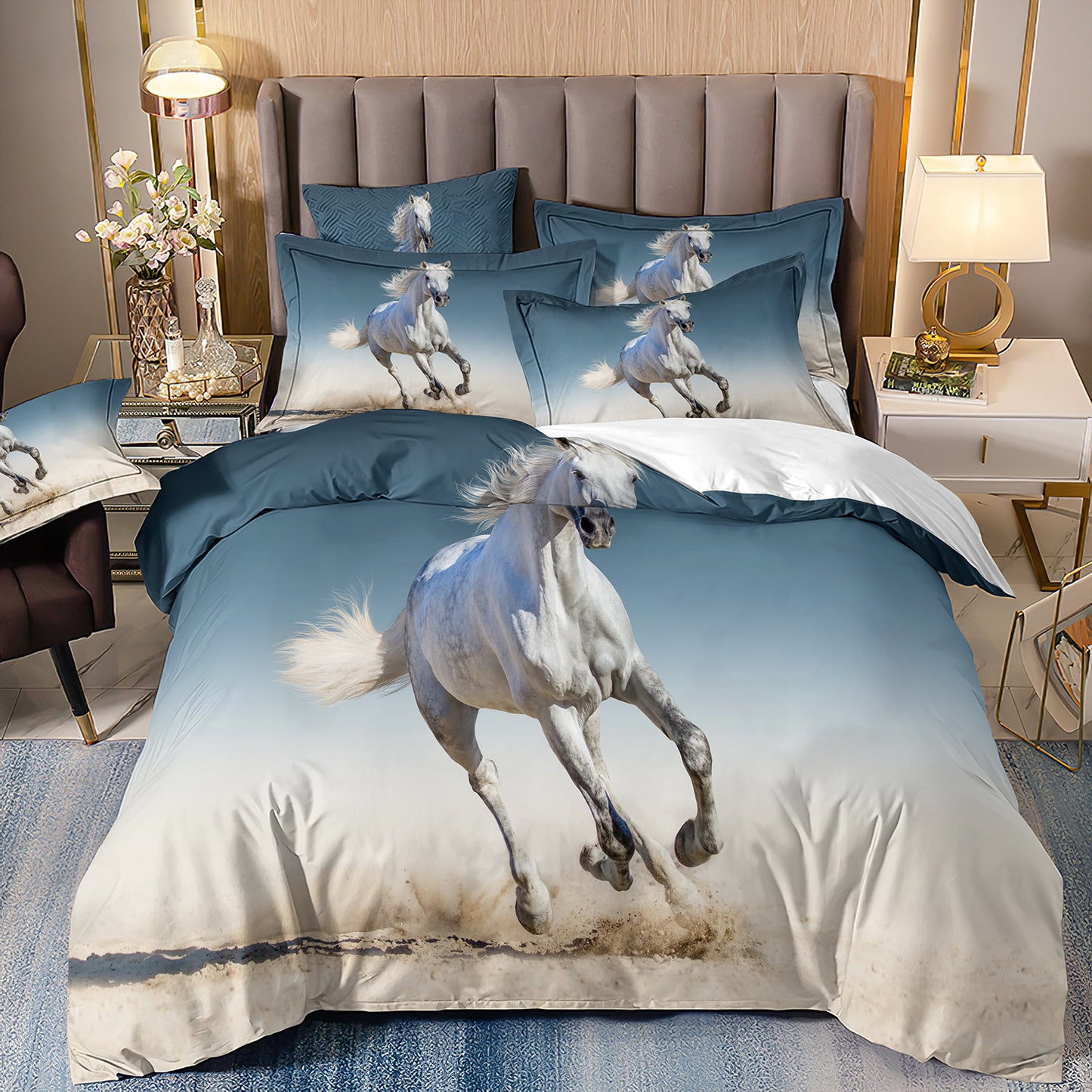 Juego de cama de tres piezas con impresión digital 3D de la serie Horse