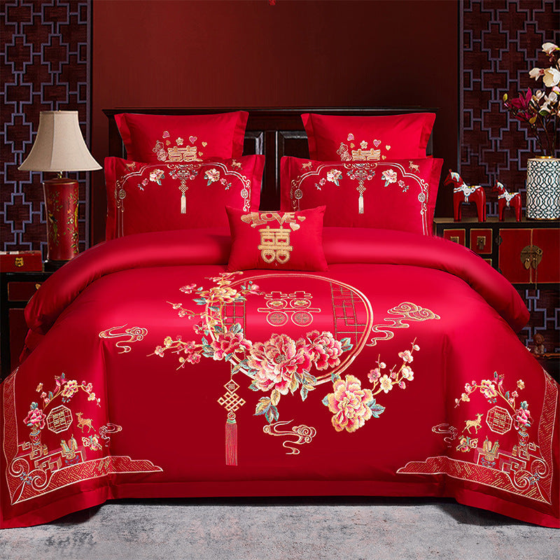 Red Wedding Four-piece Set Wholesale Cotton Wedding Embroidery Bedding Pure Cotton Marriage Bed Xi Quilt Cover Dragon And Phoenix