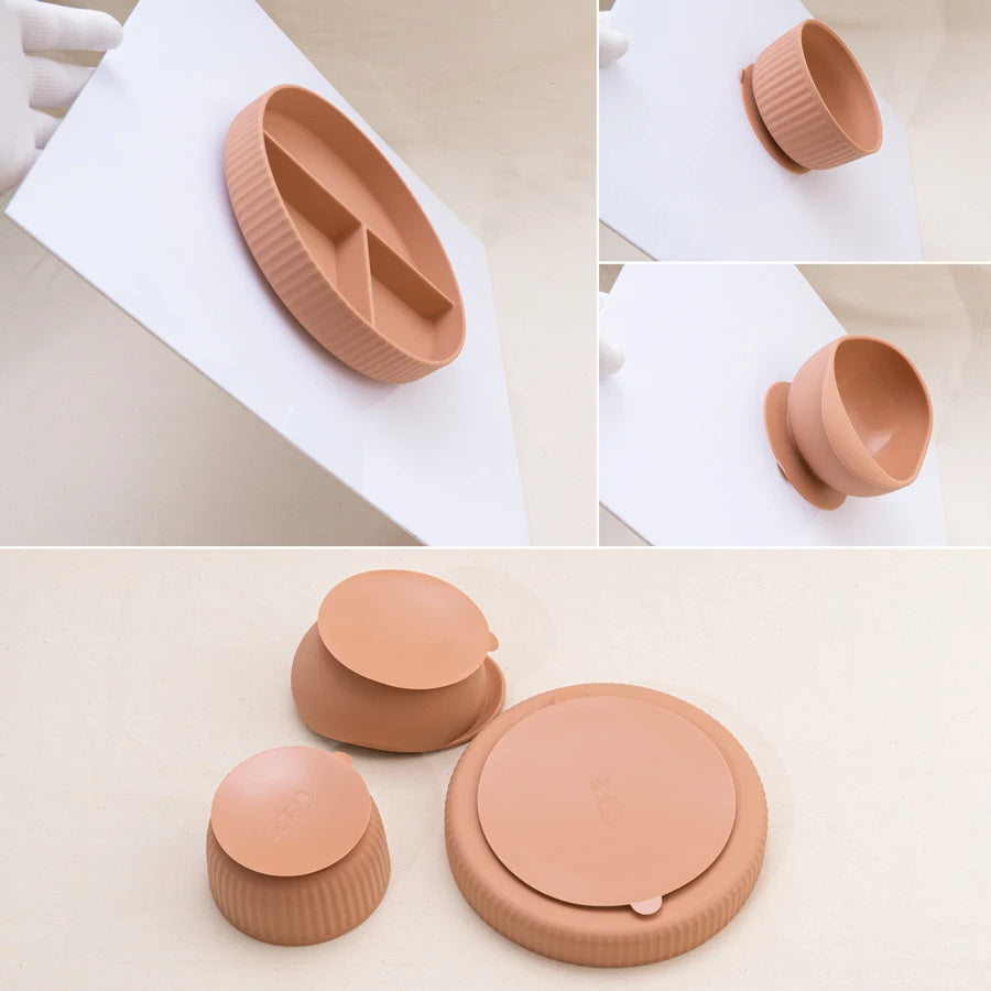 Ensemble de bols et assiettes en silicone pour bébé, ustensiles de cuisine antidérapants, ventouse, tasse à boire, fourchette, cuillère, vaisselle pour enfants, sans BPA