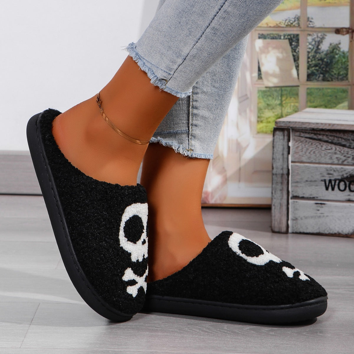 Chaussons confortables en coton avec tête de mort pour Halloween