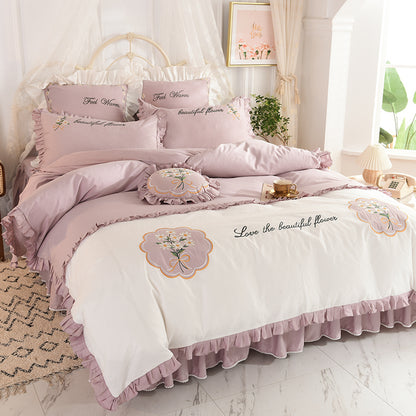 Summer Ruffled Cotton Four-piece Set Girl Heart Embroidery Flower Quilt Cover