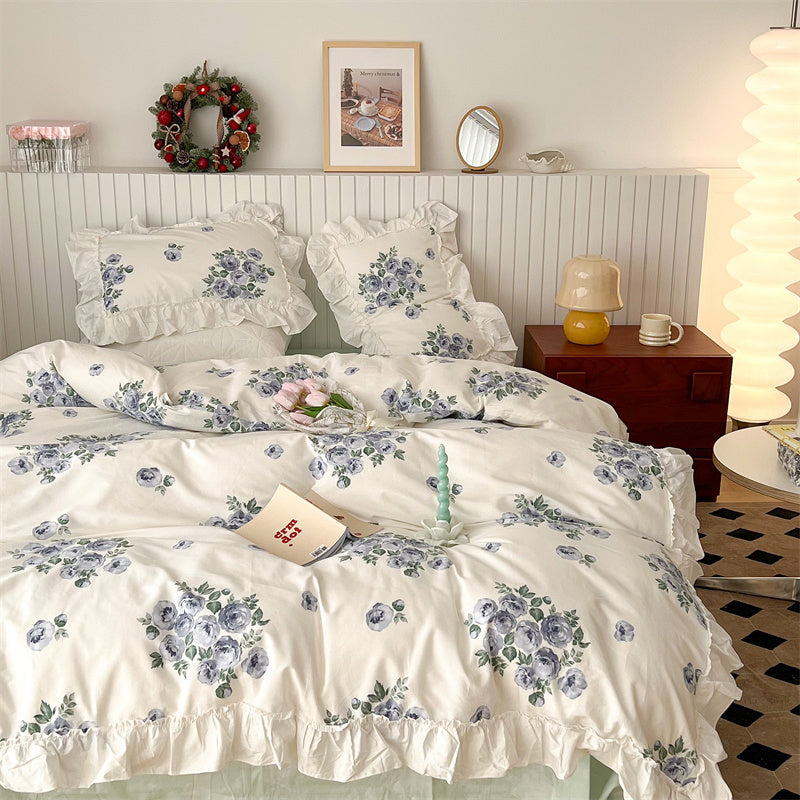 French Blue Rose Ruffle Cotton 4-Piece Lace Twill Bedding