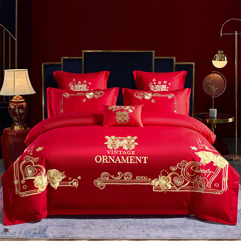 Red Wedding Four-piece Set Wholesale Cotton Wedding Embroidery Bedding Pure Cotton Marriage Bed Xi Quilt Cover Dragon And Phoenix