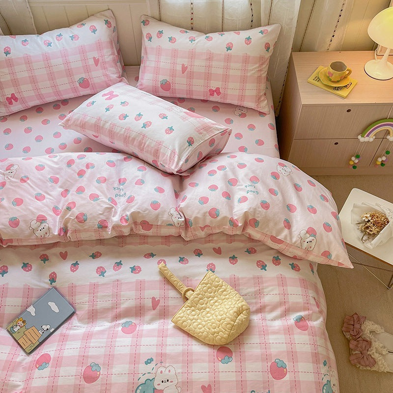 Housse de couette imprimée pour fille de dessin animé, drap de lit en coton quatre pièces