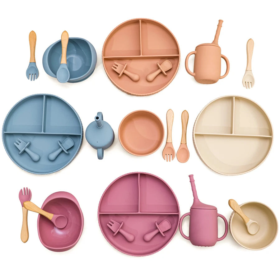 Ensemble de bols et assiettes en silicone pour bébé, ustensiles de cuisine antidérapants, ventouse, tasse à boire, fourchette, cuillère, vaisselle pour enfants, sans BPA