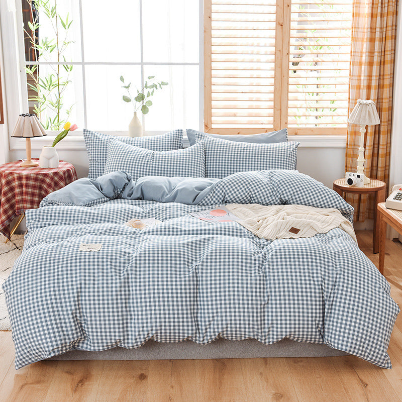 Parure de lit à carreaux en coton lavable et doux pour la peau, quatre pièces