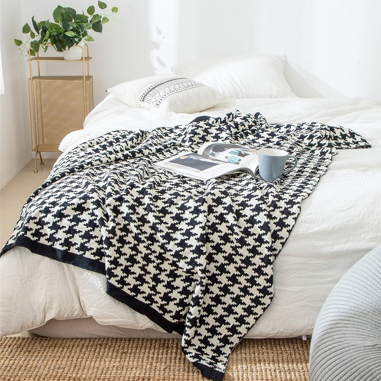 Cotton Sofa Cover Black And White Houndstooth Knitted Wool Air Conditioning Blanket