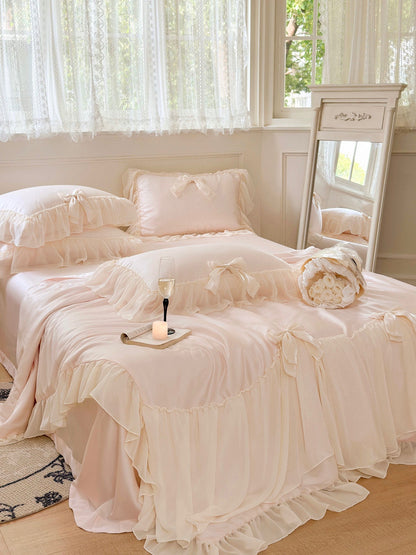 Pure Color Ruffles Princess Style Summer Quilt Tencel Summer Cooling Duvet Airable Cover Four-piece Set