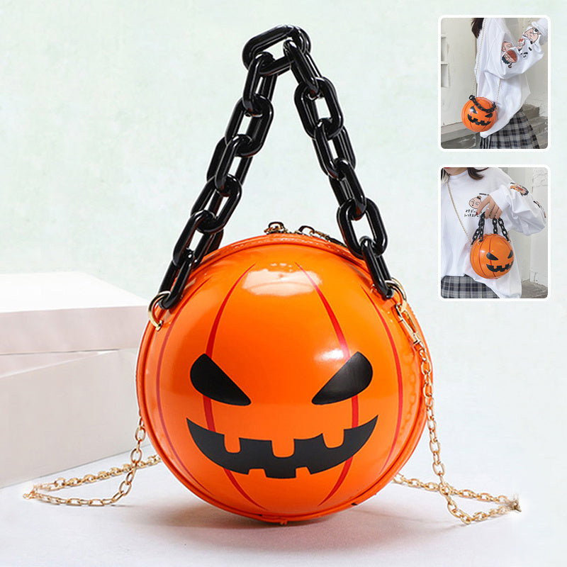 Bolsos de mano con forma de bola de calabaza y dibujos animados de Halloween con cadena, bolsos de hombro creativos y divertidos para niños y mujeres