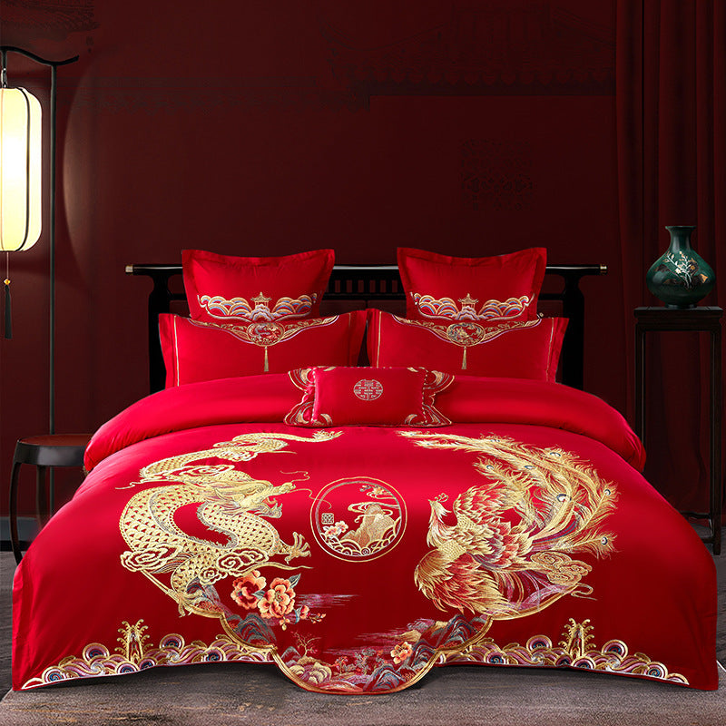 Red Wedding Four-piece Set Wholesale Cotton Wedding Embroidery Bedding Pure Cotton Marriage Bed Xi Quilt Cover Dragon And Phoenix