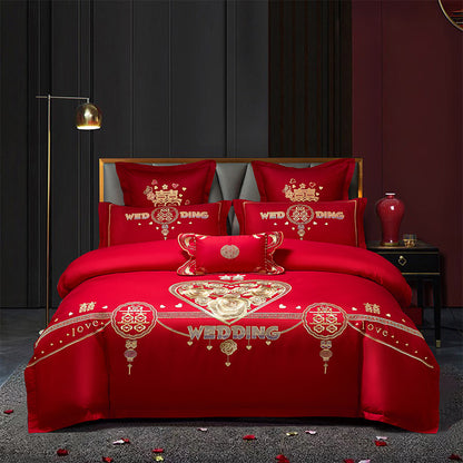 Red Wedding Four-piece Set Wholesale Cotton Wedding Embroidery Bedding Pure Cotton Marriage Bed Xi Quilt Cover Dragon And Phoenix