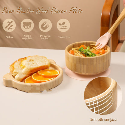 Baby Bamboo Wood Complementary Food Bowl Bear Bowl Baby Training Eating Sucker Bowl