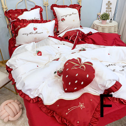 Strawberry Embroidery Cotton Four-Piece Cotton Bedding Silk Duvet Cover