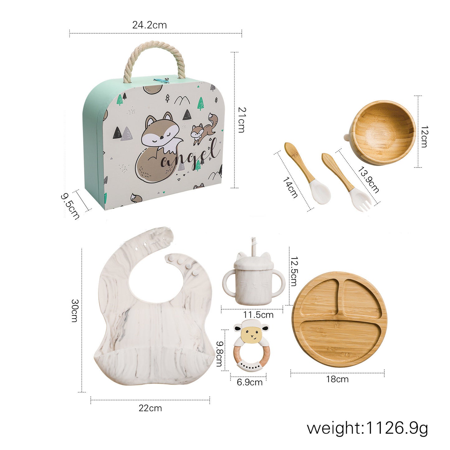 Vaisselle complémentaire pour bébé avec bavoir en silicone, assiette à dîner, paille, tasse, fourchette, cuillère