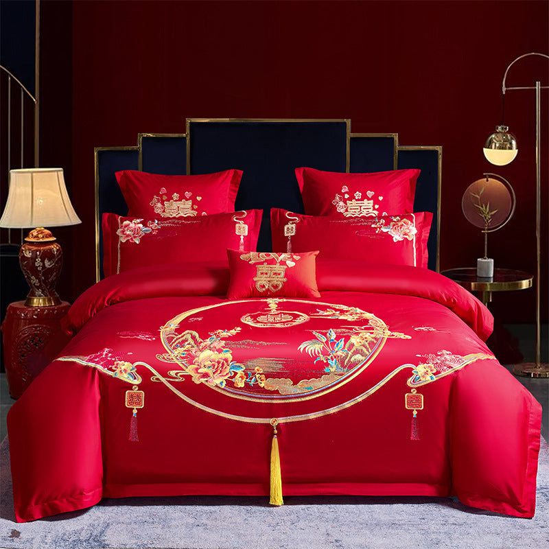 Red Wedding Four-piece Set Wholesale Cotton Wedding Embroidery Bedding Pure Cotton Marriage Bed Xi Quilt Cover Dragon And Phoenix