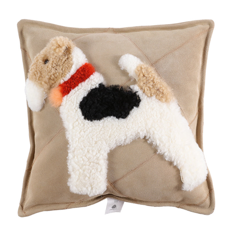 Coussin en laine et peau de vache avec dessin animé de chien