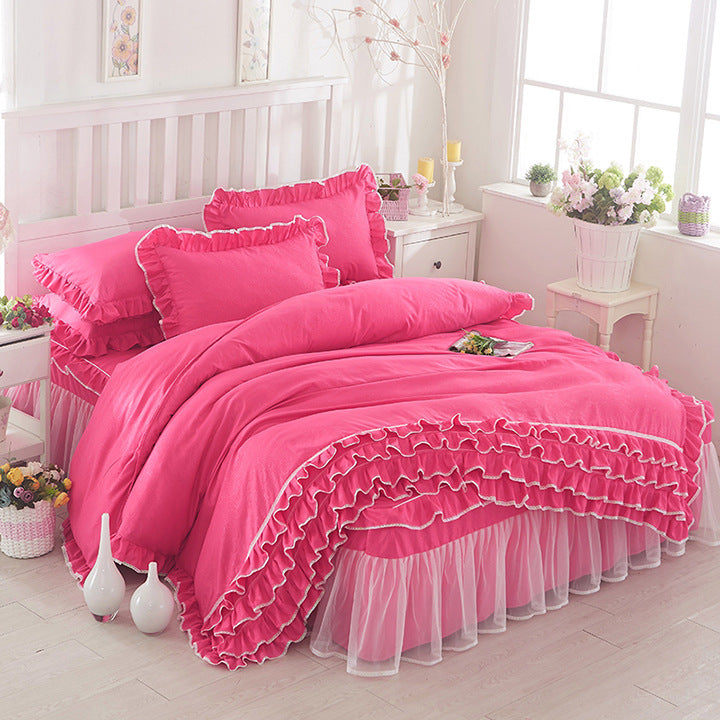 Falda de cama de encaje estilo princesa, estilo colcha, cuatro piezas, color sólido, encaje