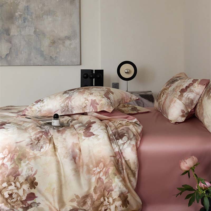 Juego de cama de cuatro piezas con estampado digital de tencel y flores