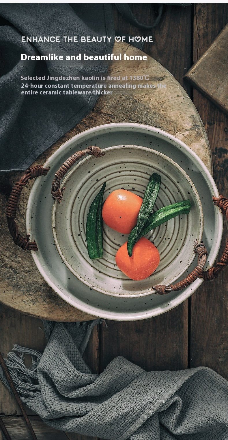 Assiette à fruits et légumes en céramique créative de style japonais rétro avec poignée en rotin