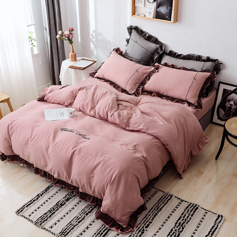 Washed Cotton Bedding Four-piece Net Celebrity Princess Style Brushed Sheet Duvet Cover Single Three-piece Bed Sheet