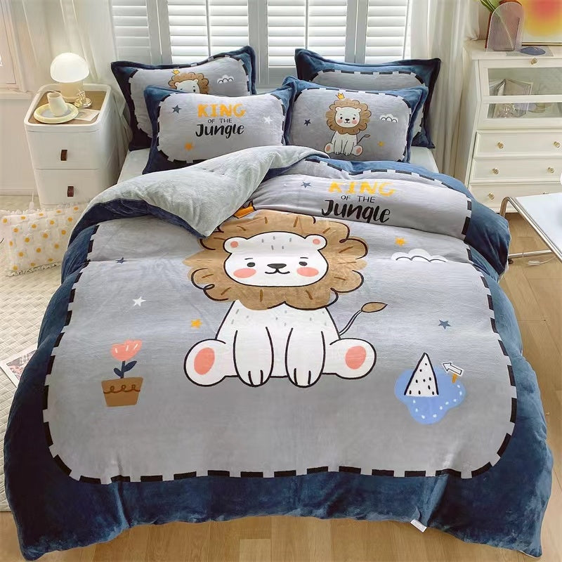 Thickened Cartoon Coral Velvet Bed With Four-piece Winter Milk Flannel Sheets