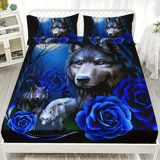 Wolf Blue Rose Pattern Three-piece Bed Sheet Set Bedroom Guest Room School Dormitory