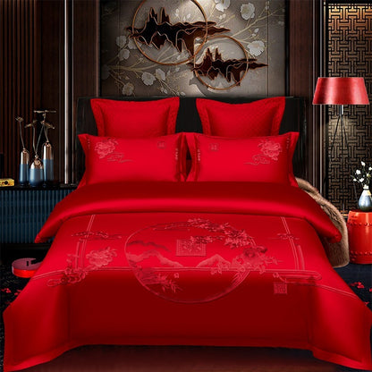 Red Wedding Four-piece Set Wholesale Cotton Wedding Embroidery Bedding Pure Cotton Marriage Bed Xi Quilt Cover Dragon And Phoenix