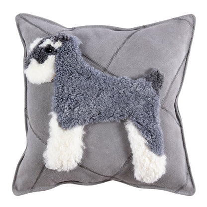 Coussin en laine et peau de vache avec dessin animé de chien