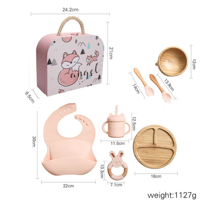 Vaisselle complémentaire pour bébé avec bavoir en silicone, assiette à dîner, paille, tasse, fourchette, cuillère