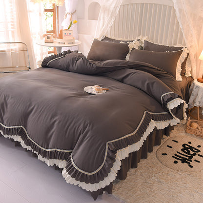 Light Luxury Nude Sleeping Princess Style Four-piece Lotus Leaf Lace Double Bed Sheet Duvet Cover With Bed Skirt Girl Solid Color Bed